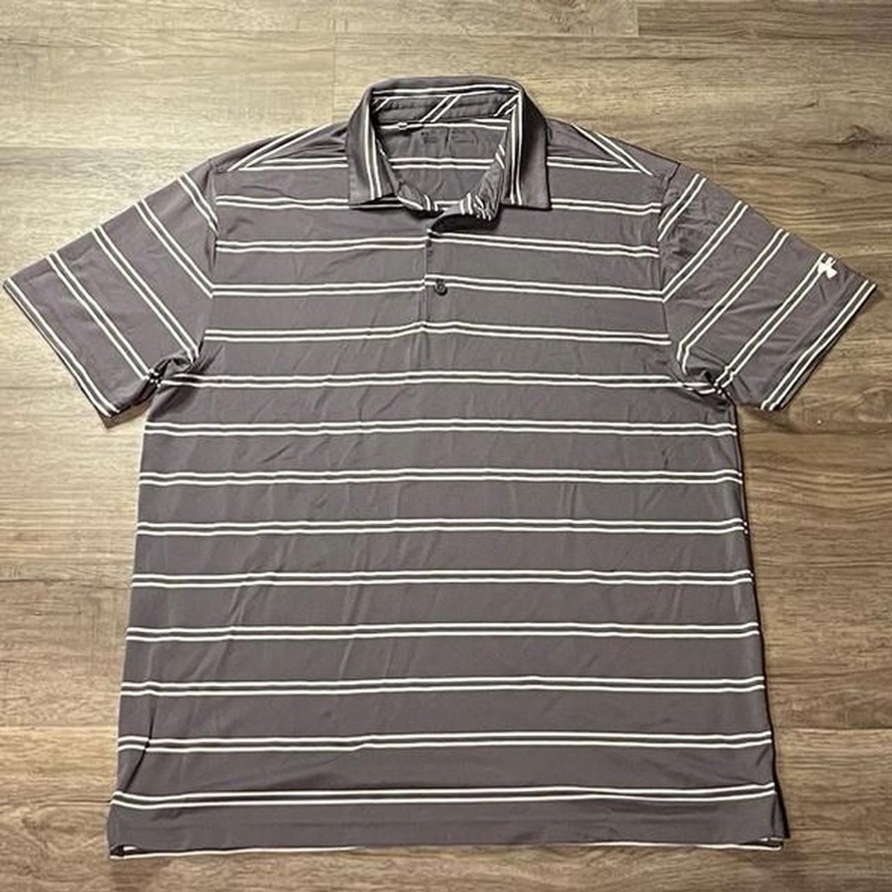 Under Armour Grey Striped Heat Gear Retro Sportswear Golf Polo Shirt‎ XL
